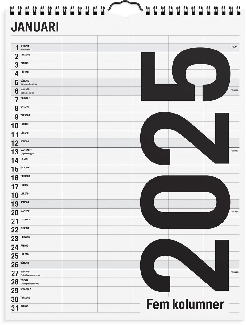 Familjekalender 2025 Black and white 5 kolumner