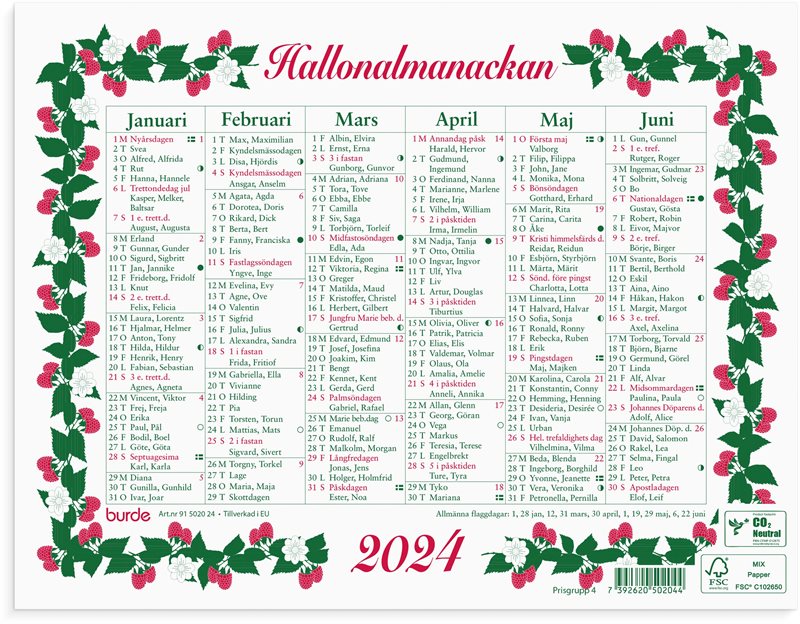 Väggkalender 2024 Lilla Hallonalmanackan